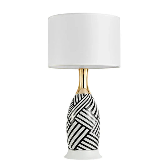 Ceramic table lamp with black and white zebra pattern, gold neck and white shade – view 10