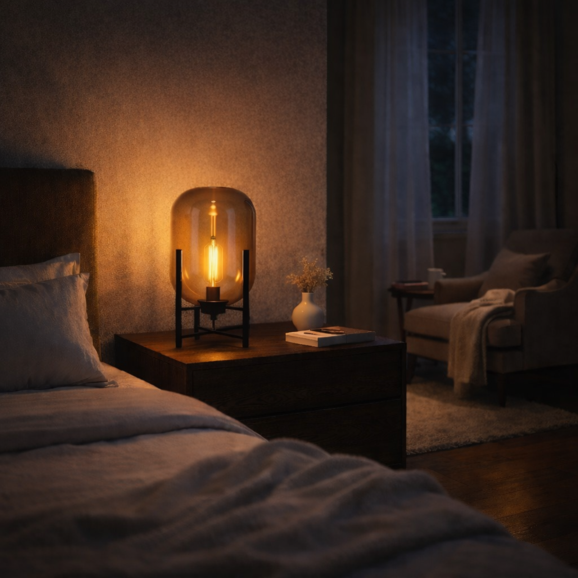 Scandinavische staande lamp driepoot design met glas en zachte sfeer – Boreal