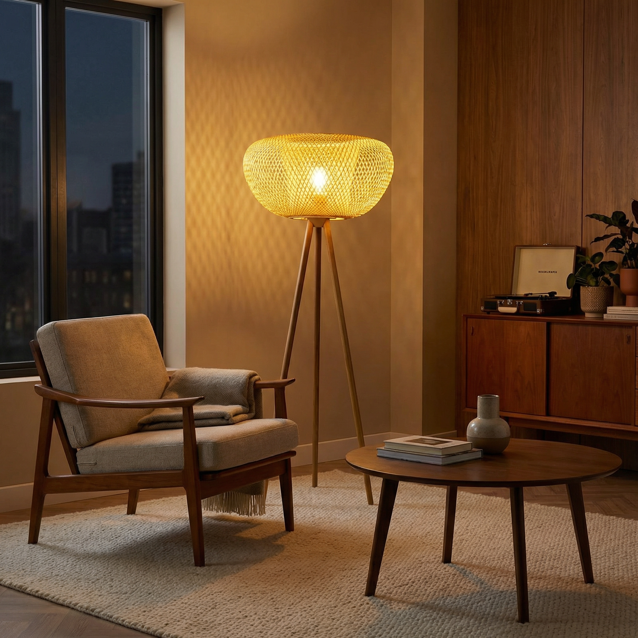 Rotan- en zwartmetalen vloerlamp voor woonkamer – Rotanique