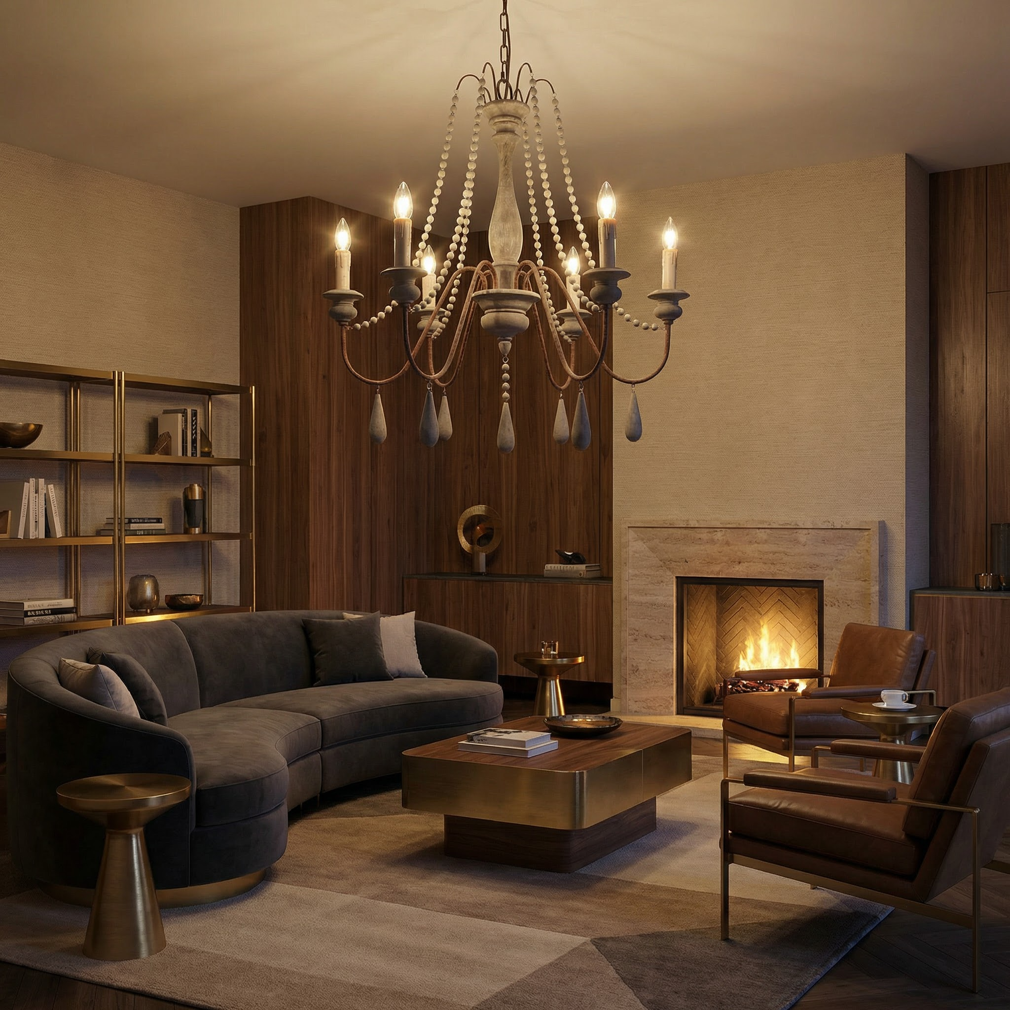 Kroonluchter in wit vintage hout voor woonkamer – Elarisia