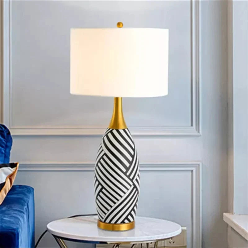 Ceramic Table Lamp zebra pattern black and white with gold neck and white shade - view 5