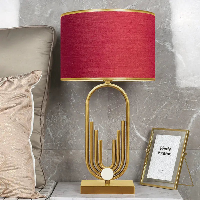 Table Lamp Raynova Gold Design with Architectural Base and Cylindrical Fabric Shade - View 7