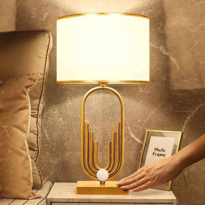 Table Lamp Raynova Gold Design with Architectural Base and Cylindrical Fabric Shade - View 5