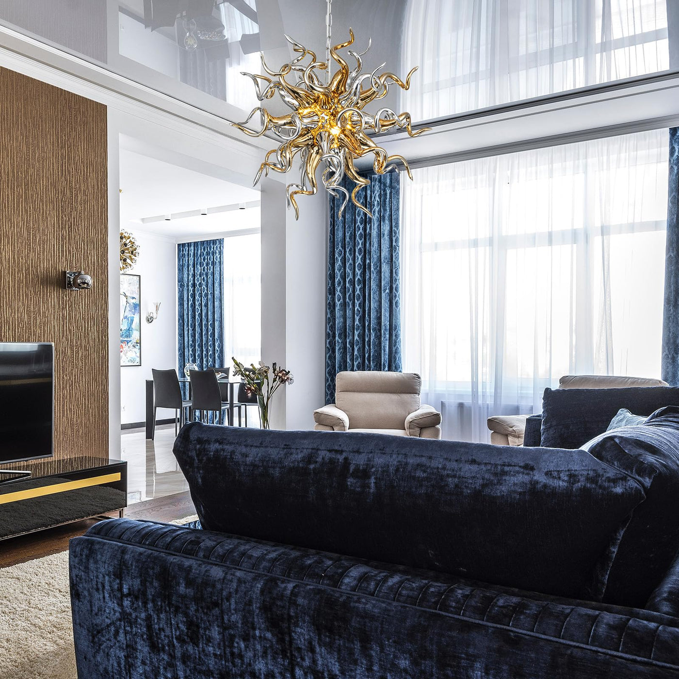 Lustre en verre soufflé doré et argenté – Solstize