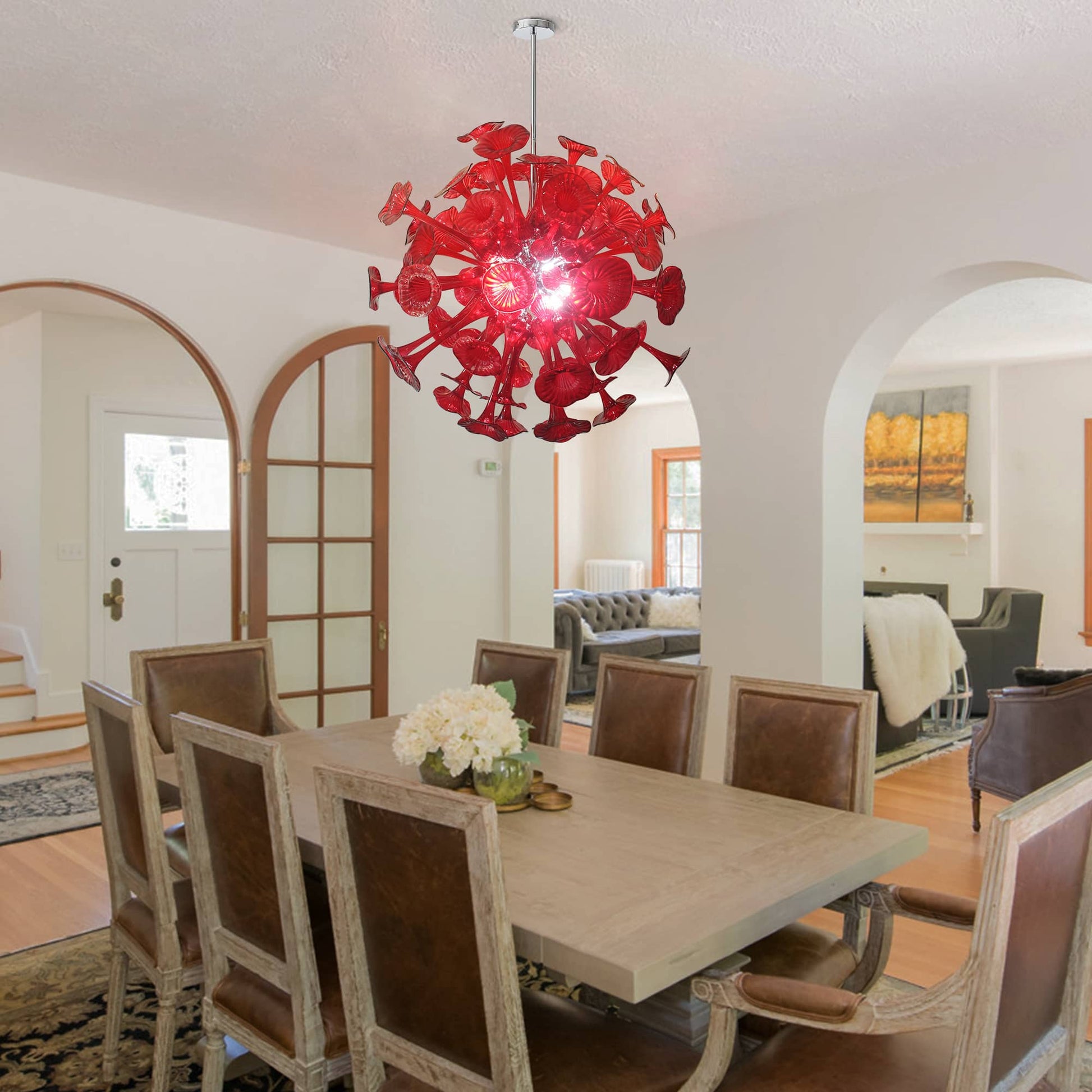 Kroonluchter in rood geblazen glas voor woonkamer – Spherelumia