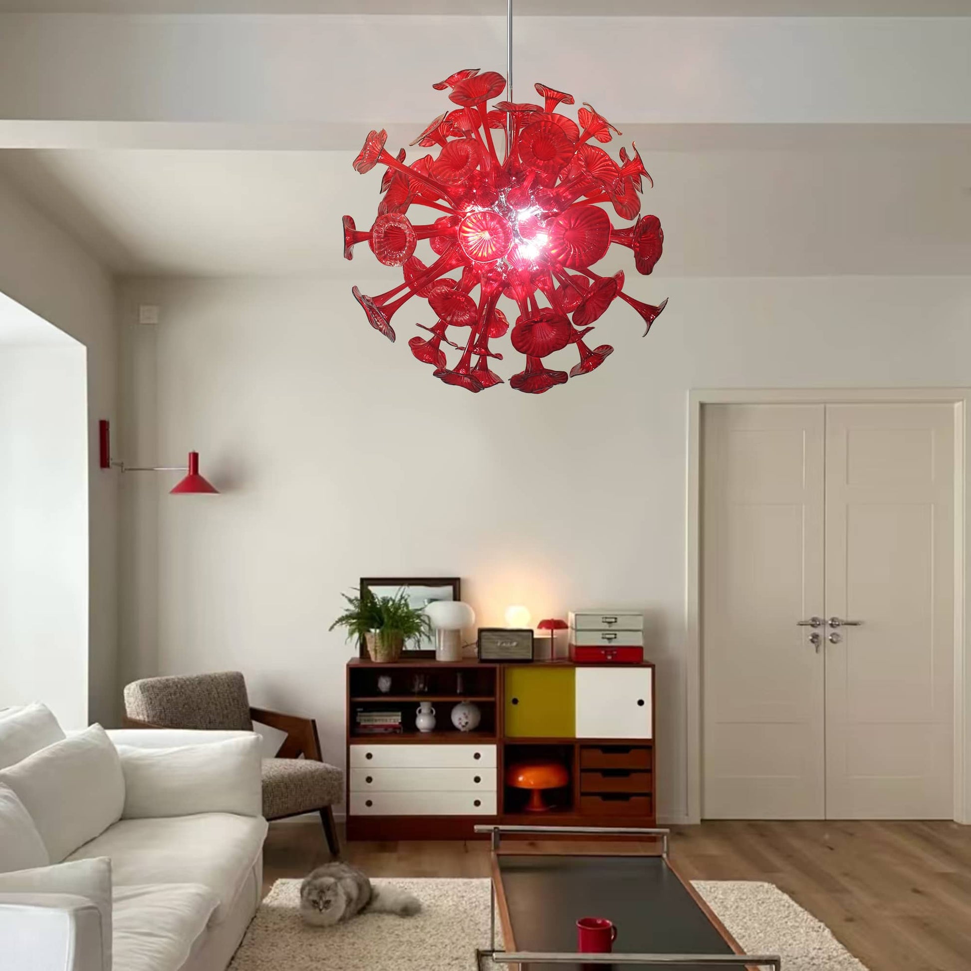 Kroonluchter in rood geblazen glas voor woonkamer – Spherelumia