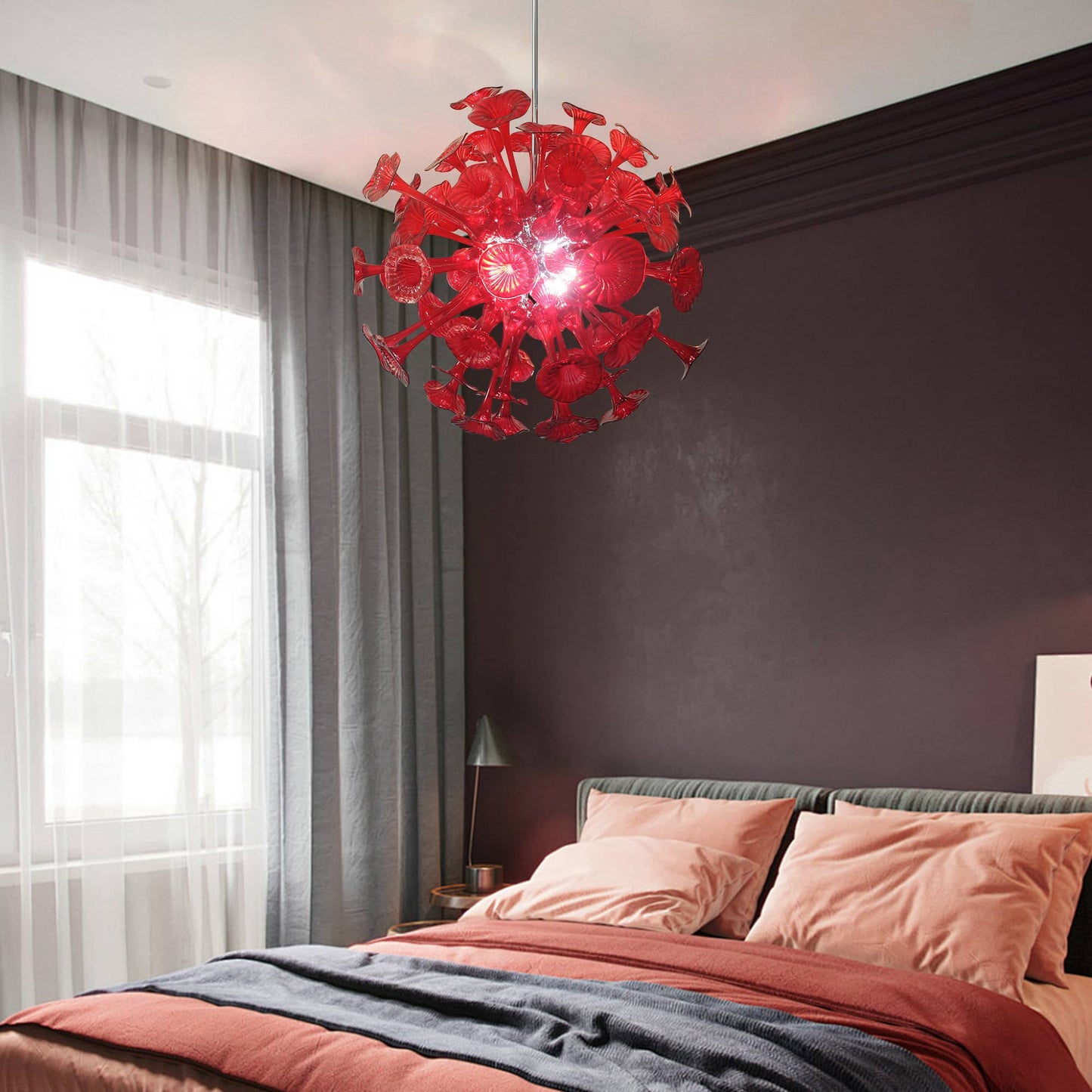 Kroonluchter in rood geblazen glas voor woonkamer – Spherelumia
