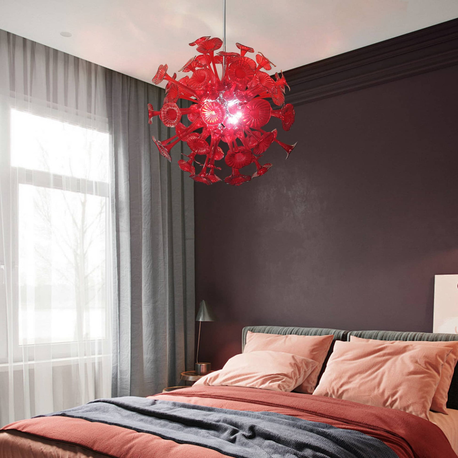 Kroonluchter in rood geblazen glas voor woonkamer – Spherelumia