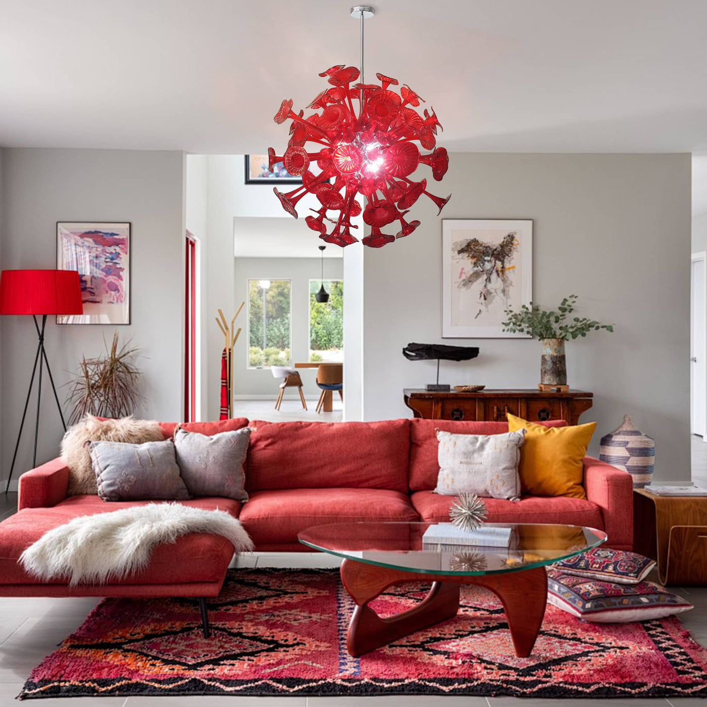 Lustre en Verre Soufflé Rouge pour Salon – Spherelumia