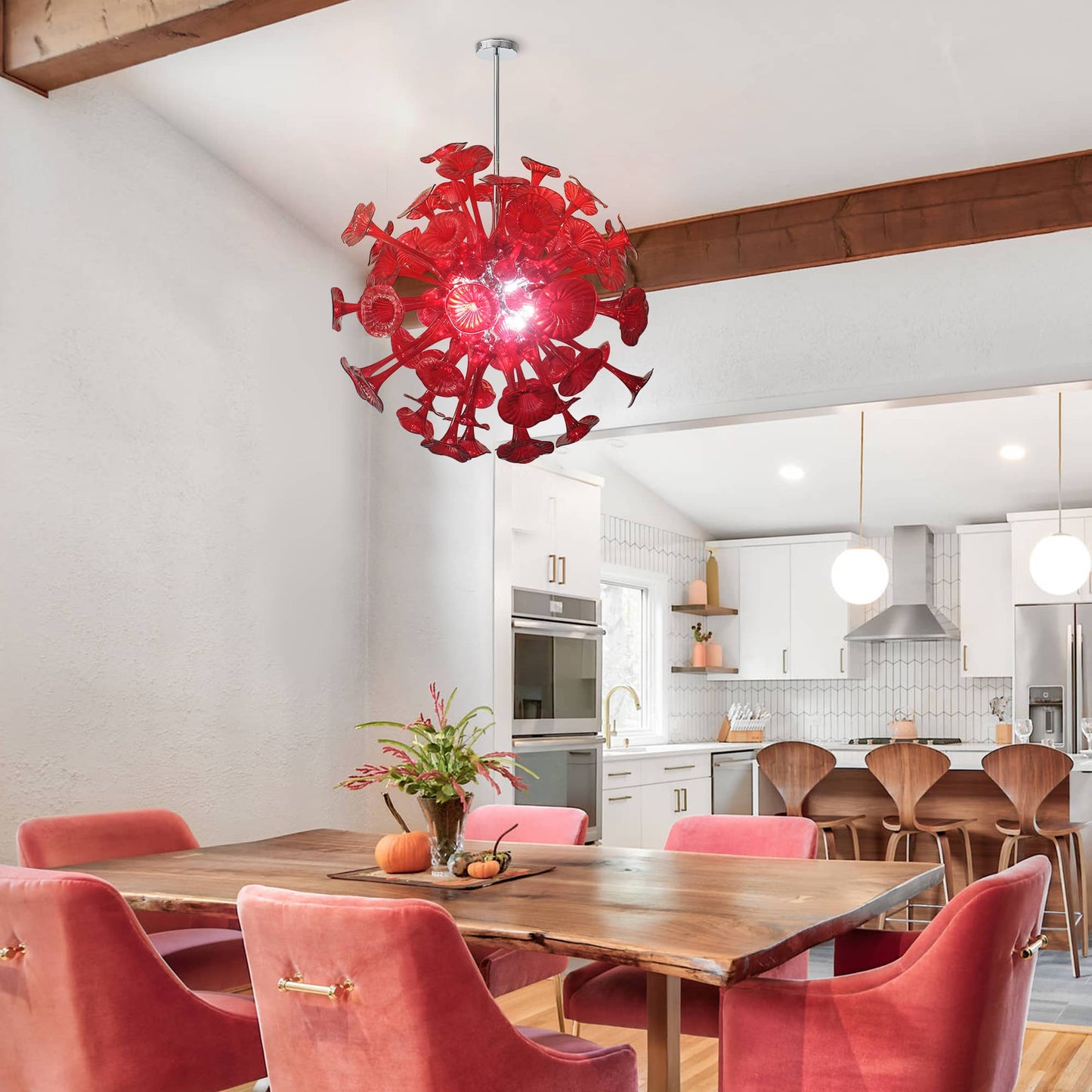 Kroonluchter in rood geblazen glas voor woonkamer – Spherelumia