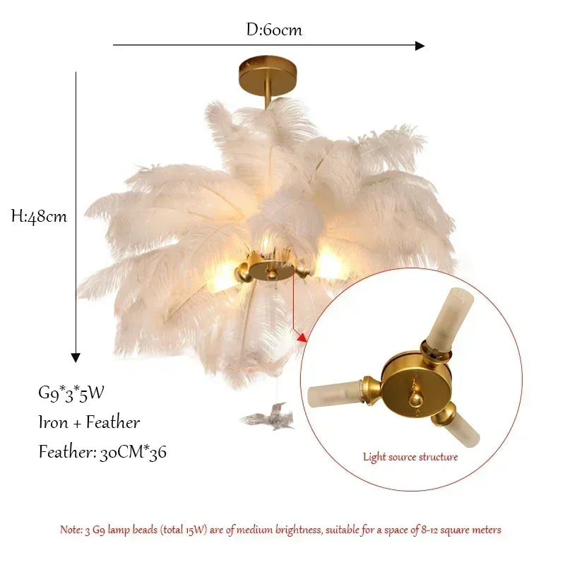 Lustre en plumes d’autruche LED blanc pour salon – Featherelle