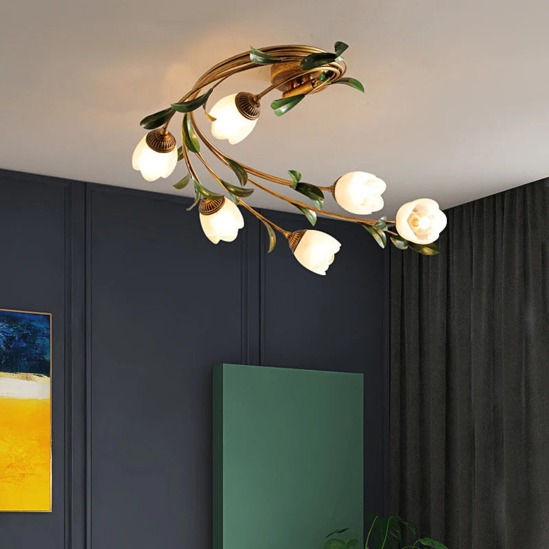 Plafondlamp Bloempatroon Chique in Glas & Metaal – Eliova