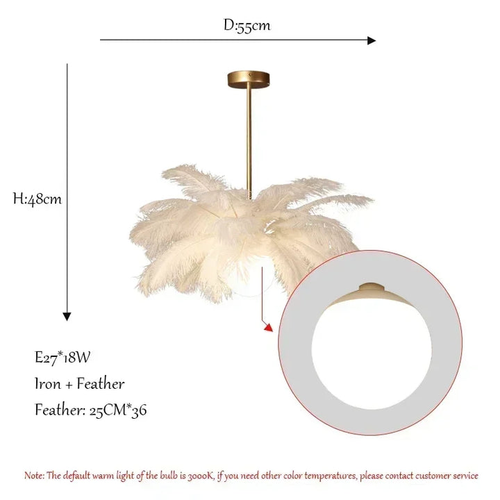 Lustre en plumes d’autruche LED blanc pour salon – Featherelle