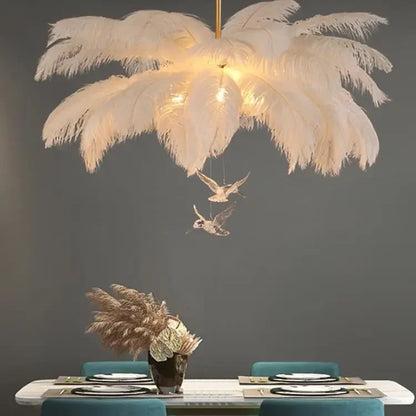 Witte LED-kroonluchter met struisvogelveren voor woonkamer – Featherelle