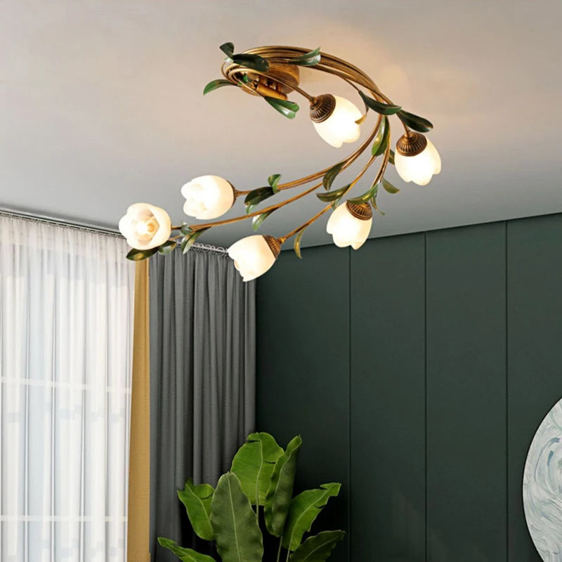 Plafondlamp Bloempatroon Chique in Glas & Metaal – Eliova