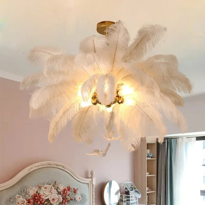 Witte LED-kroonluchter met struisvogelveren voor woonkamer – Featherelle