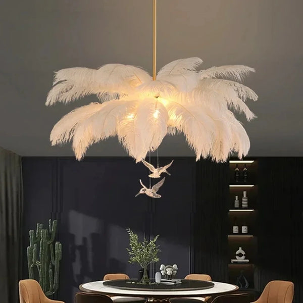 Lustre en plumes d’autruche LED blanc pour salon – Featherelle