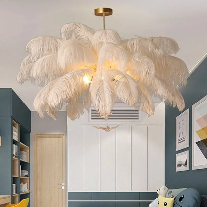 Witte LED-kroonluchter met struisvogelveren voor woonkamer – Featherelle