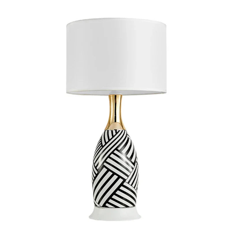Ceramic table lamp with black and white zebra pattern, gold neck and white shade – view 10