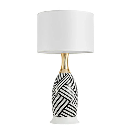 Ceramic table lamp with black and white zebra pattern, gold neck and white shade – view 10