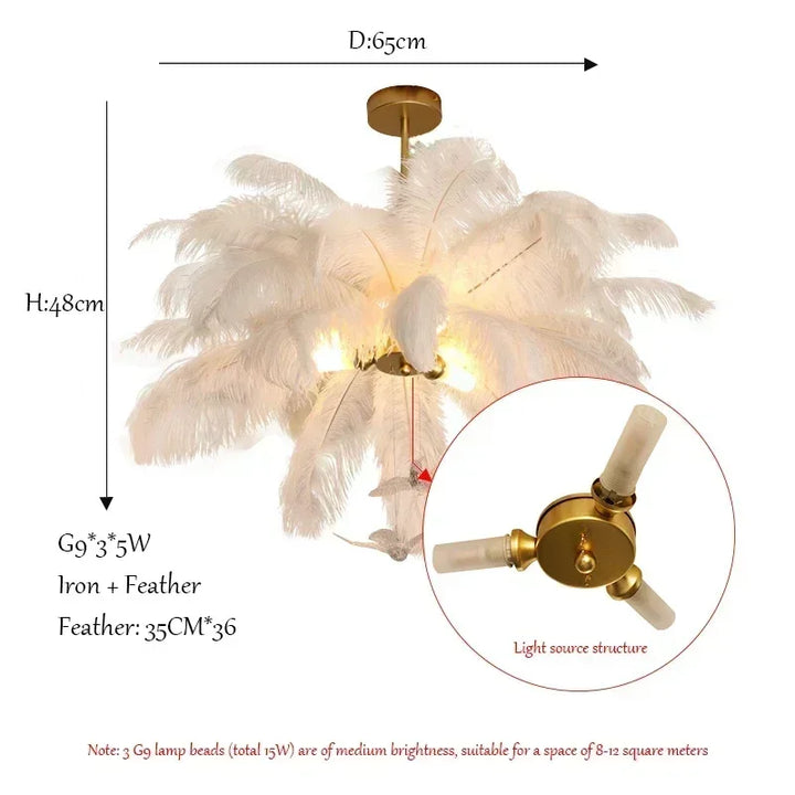 Lustre en plumes d’autruche LED blanc pour salon – Featherelle