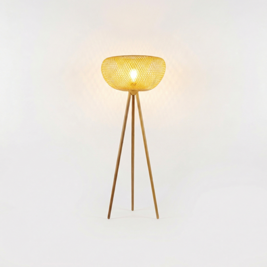 Rotan- en zwartmetalen vloerlamp voor woonkamer – Rotanique - Lumière