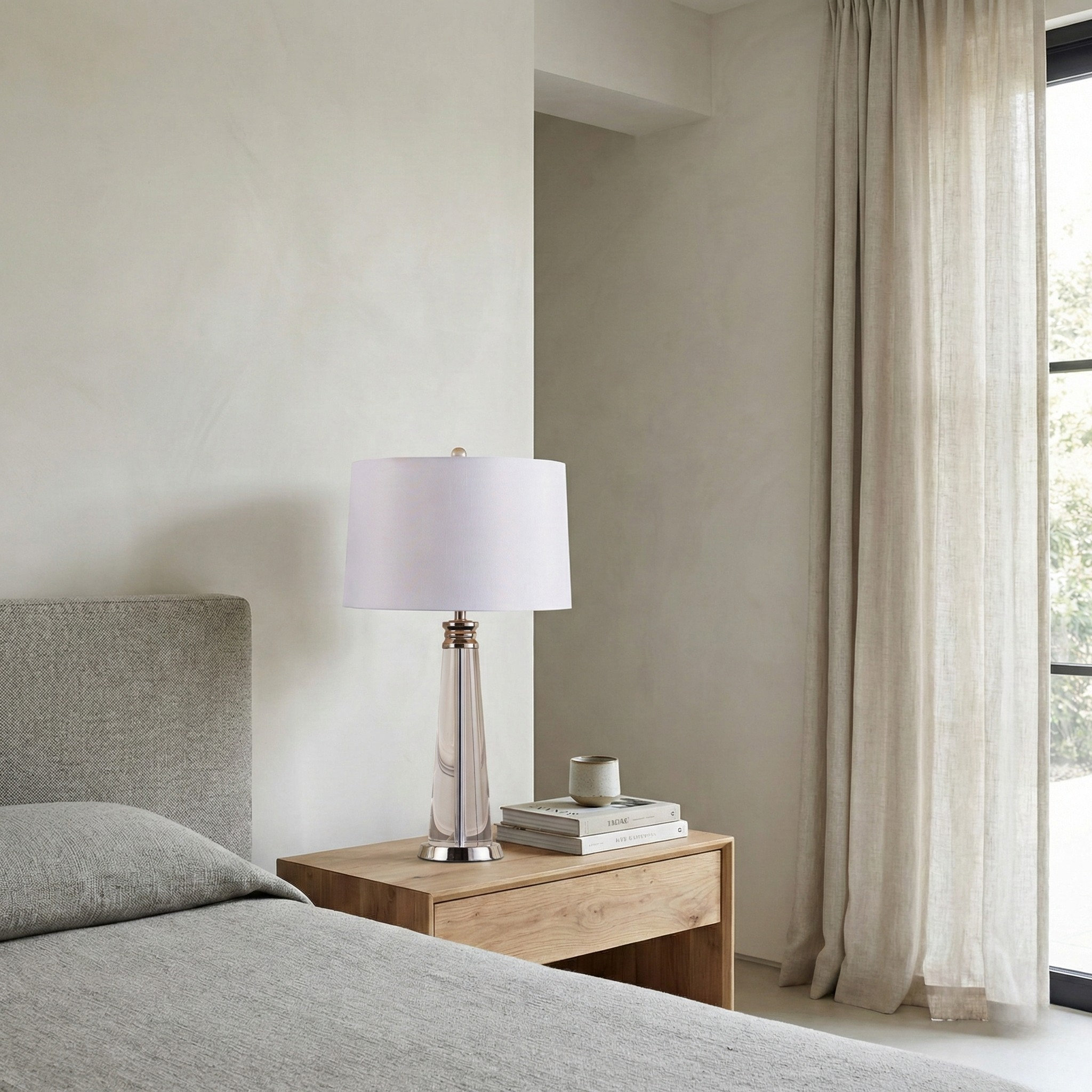 Lampe de chevet contemporaine Lunara en cristal et acier avec abat-jour tissu blanc - vue 2