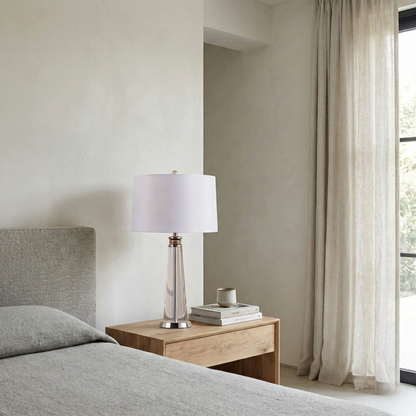 Contemporary Bedside Lamp Lunara in Crystal and Steel with White Fabric Shade - View 2