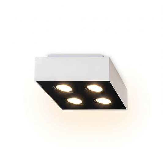 Plafonnier carré minimaliste 4 spots blanc – Modèle Asterion - Lumière