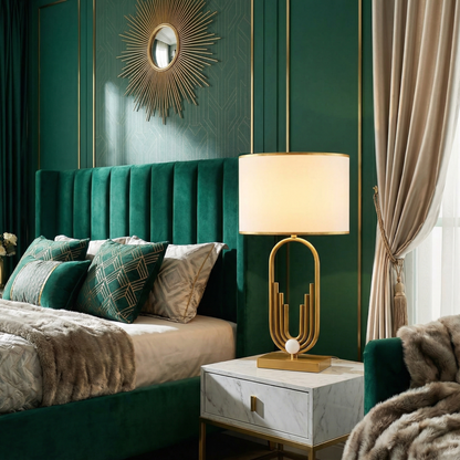 Table Lamp Raynova Gold Design with Architectural Base and Cylindrical Fabric Shade - View 2
