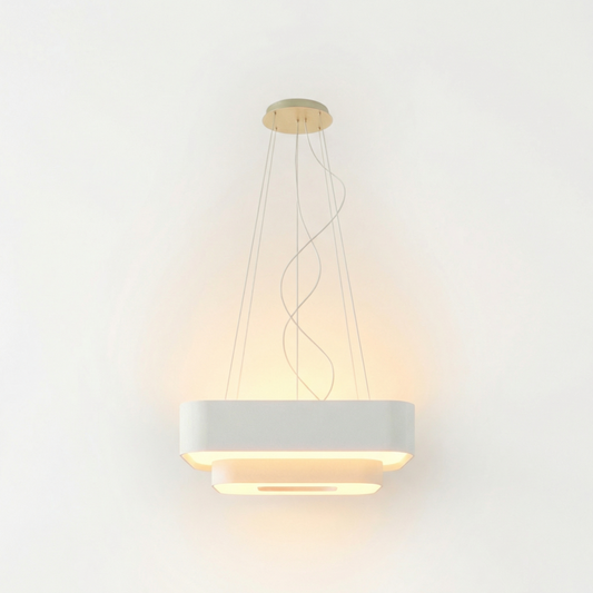 Vierkante Kroonluchter Wit Textiel Woonkamer – Model Orphéale - Lumière