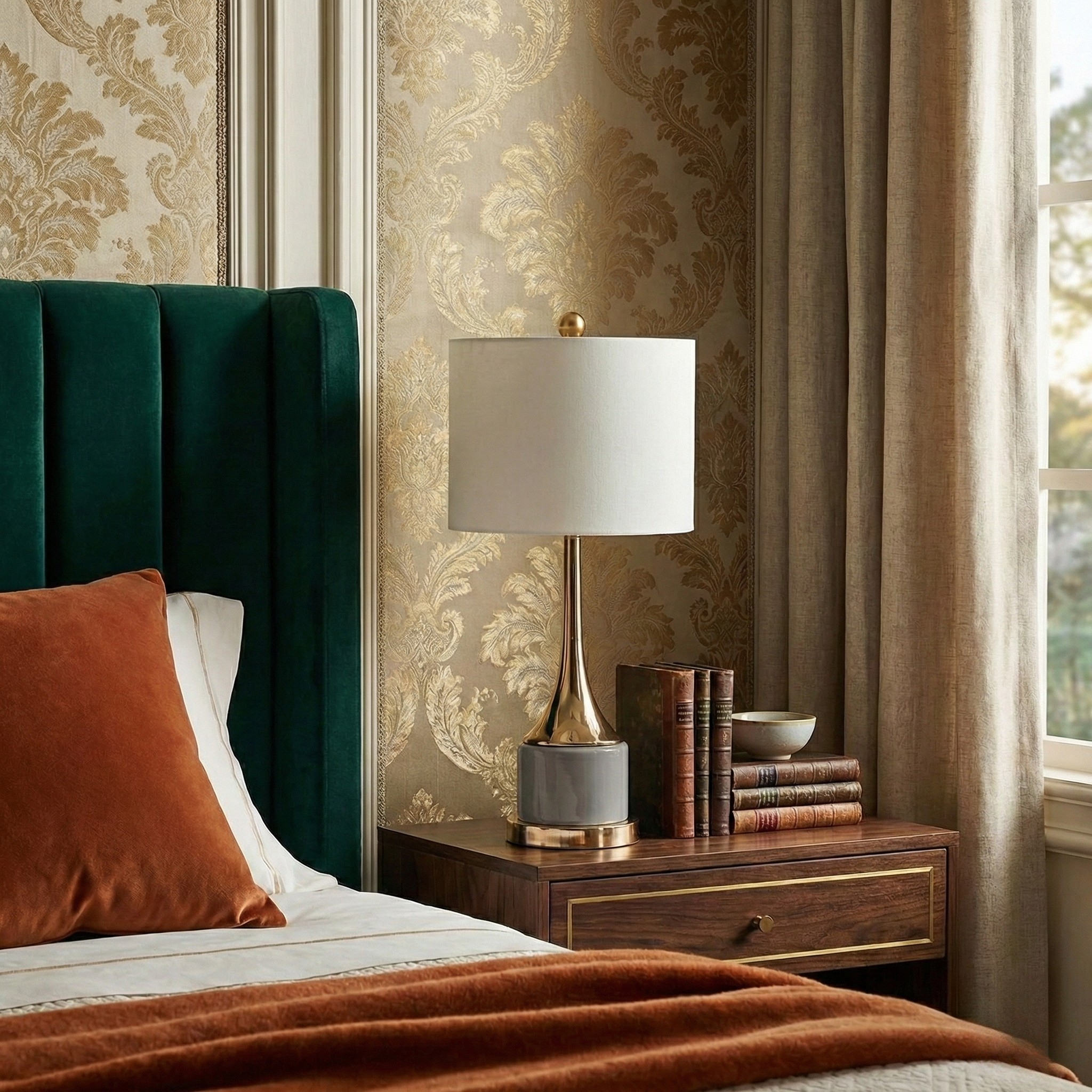 Bedside Lamp Vénusia refined design with gilded iron body and white fabric shade - view 3