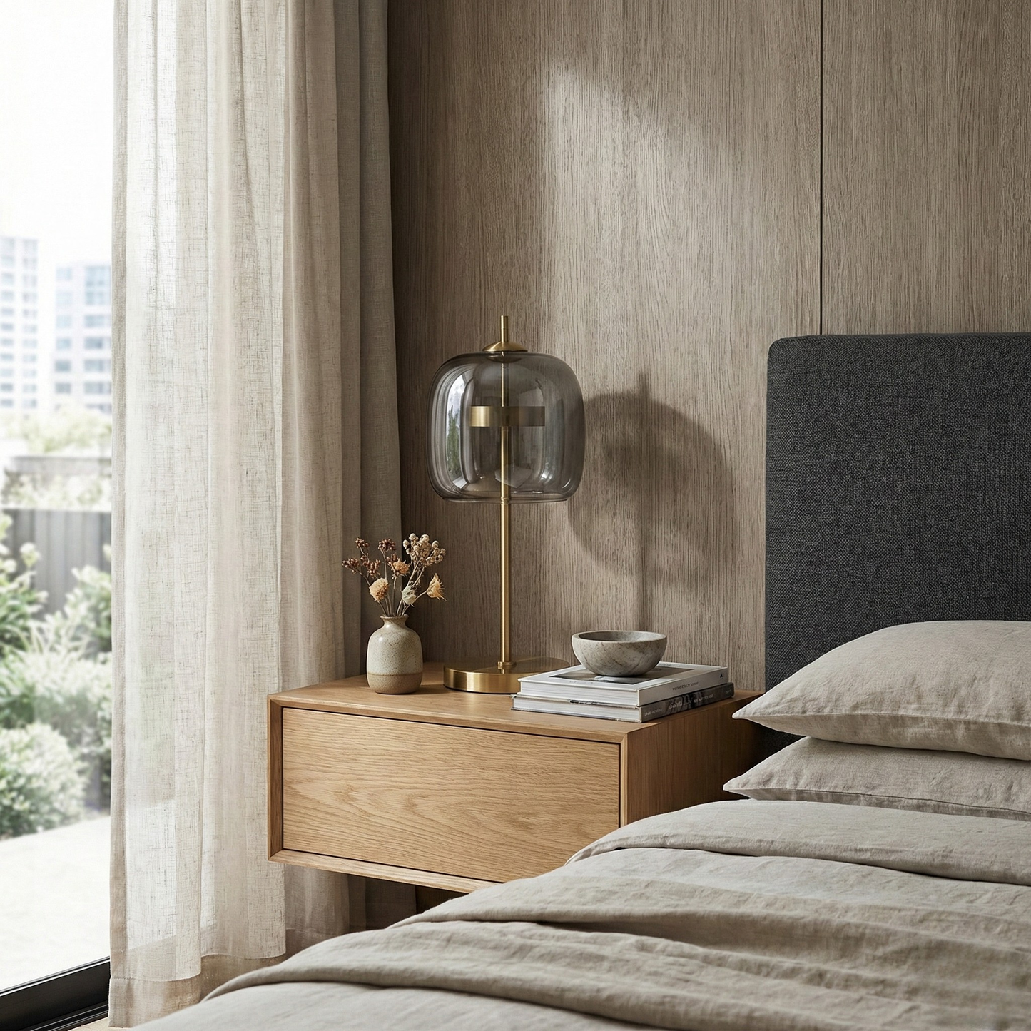 Lampe de chevet moderne Xiumis globe en verre et base métal doré brossé - vue 3