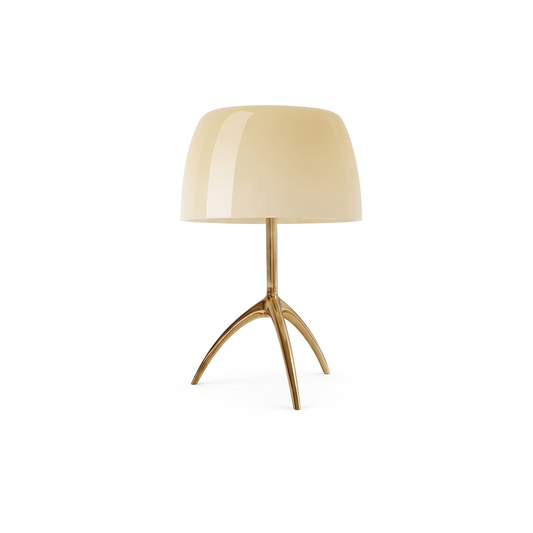 Moderne dreibeinige Tischlampe aus farbigem Glas – Triolux